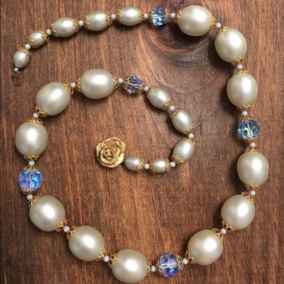 Iridescent Swarovski Faux Pearl Necklace Gold Rose - Picture 1 of 7